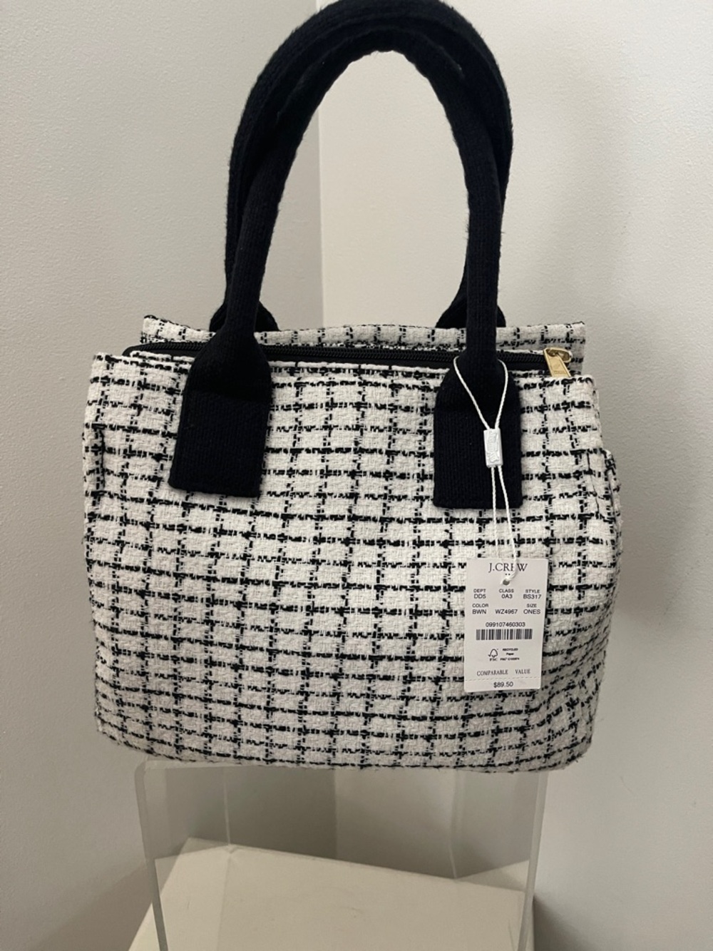 J. Crew Black & White Tweed Tote with Knit Handles